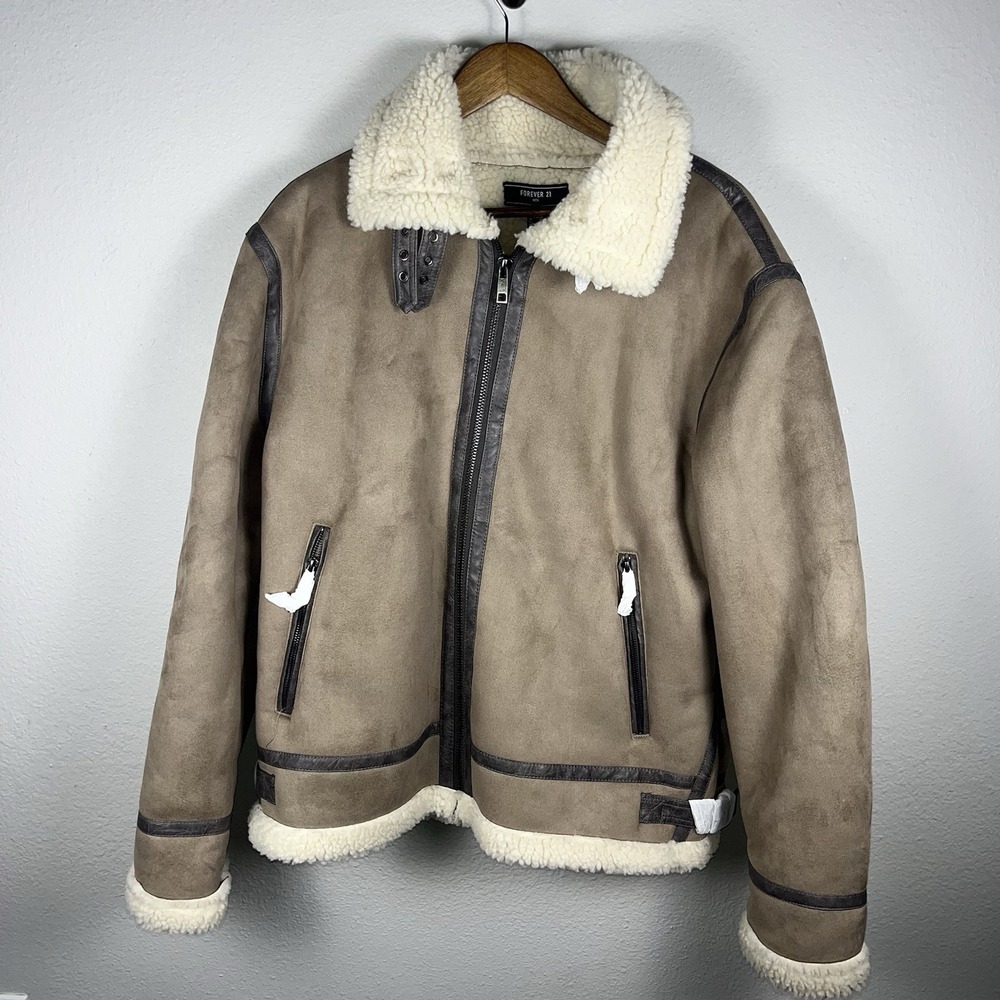 Forever 21 Men's XL Sherpa Lined Jacket Taupe Brown Beige Faux Shearling NWT